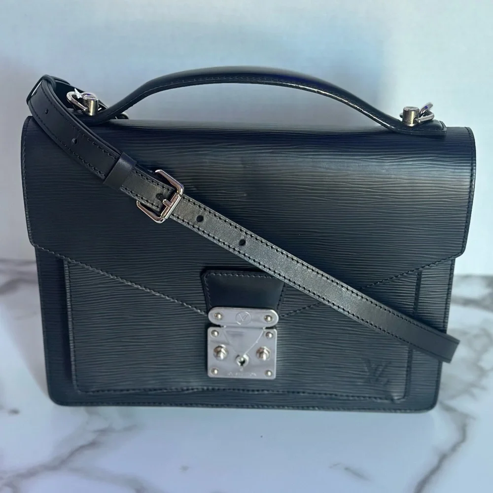 Authentic LOUIS VUITTON black Epi Monceau 28 Hand Bag 2way